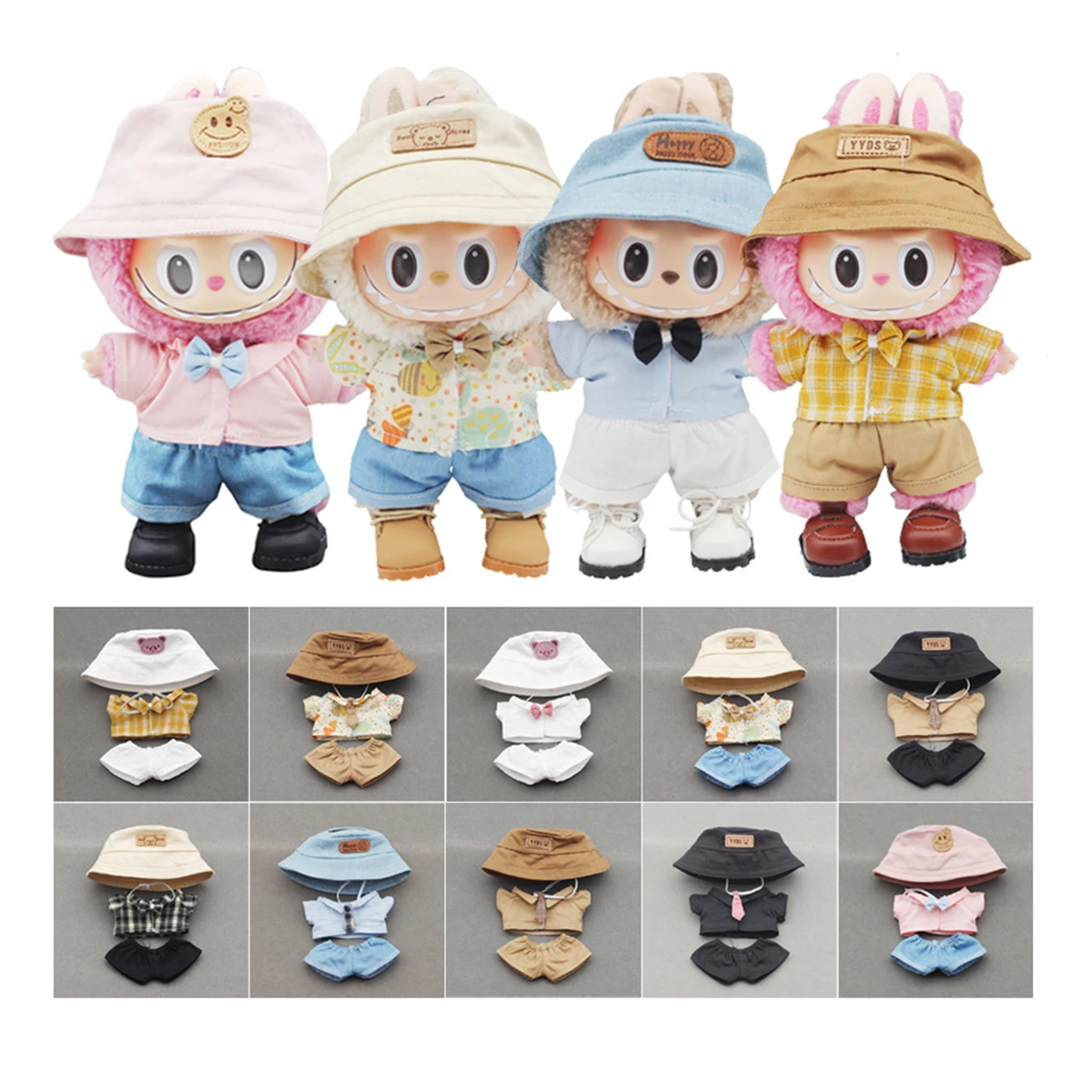 Doll Accessories Shirt and Shorts Suit Fisherman Hat Outfit Set for 15/17cm Labubu