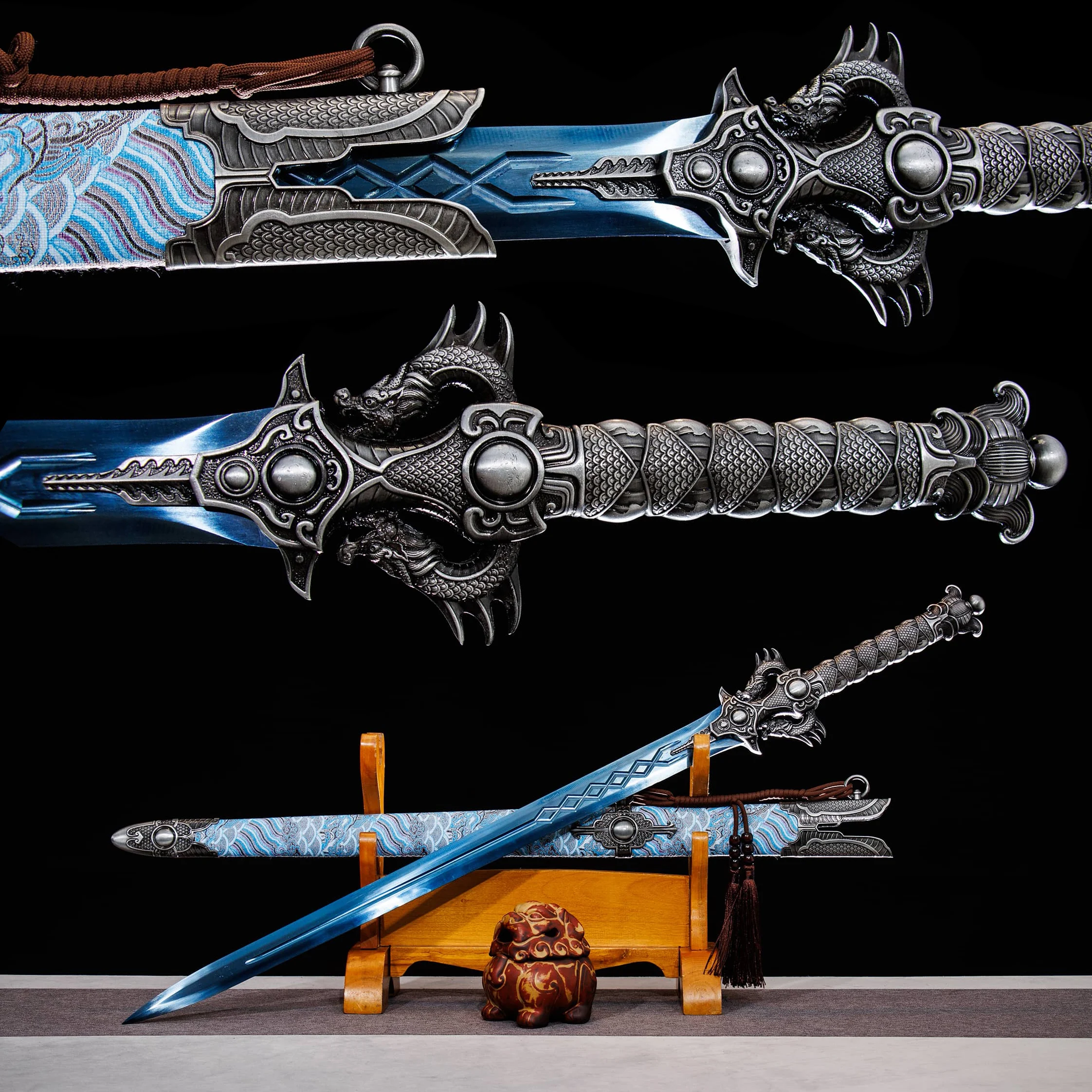

110cm Medieval blue Double Dragon Sword, Chinese samurai sword katana weapons, carbon steel sharp, Knight Ninja, martial arts,