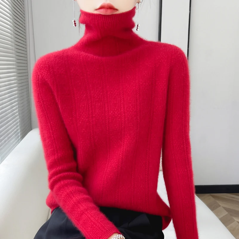 High-end fashion 100% pure wool sweater women\'s autumn and winter new pile-up collar long-sleeved blouse knitted bottoming shirt