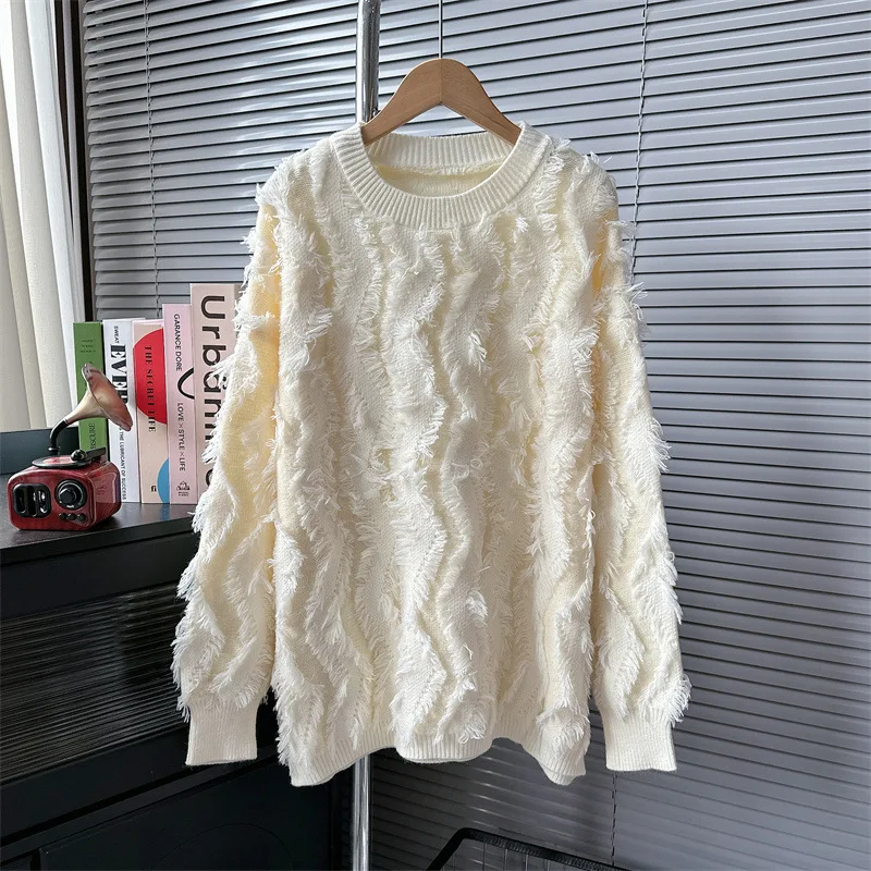 

White Tassel Edge Knitted Sweater For Women Autumn Winter Korean Lazy Style Soft And Sticky Sweater Top