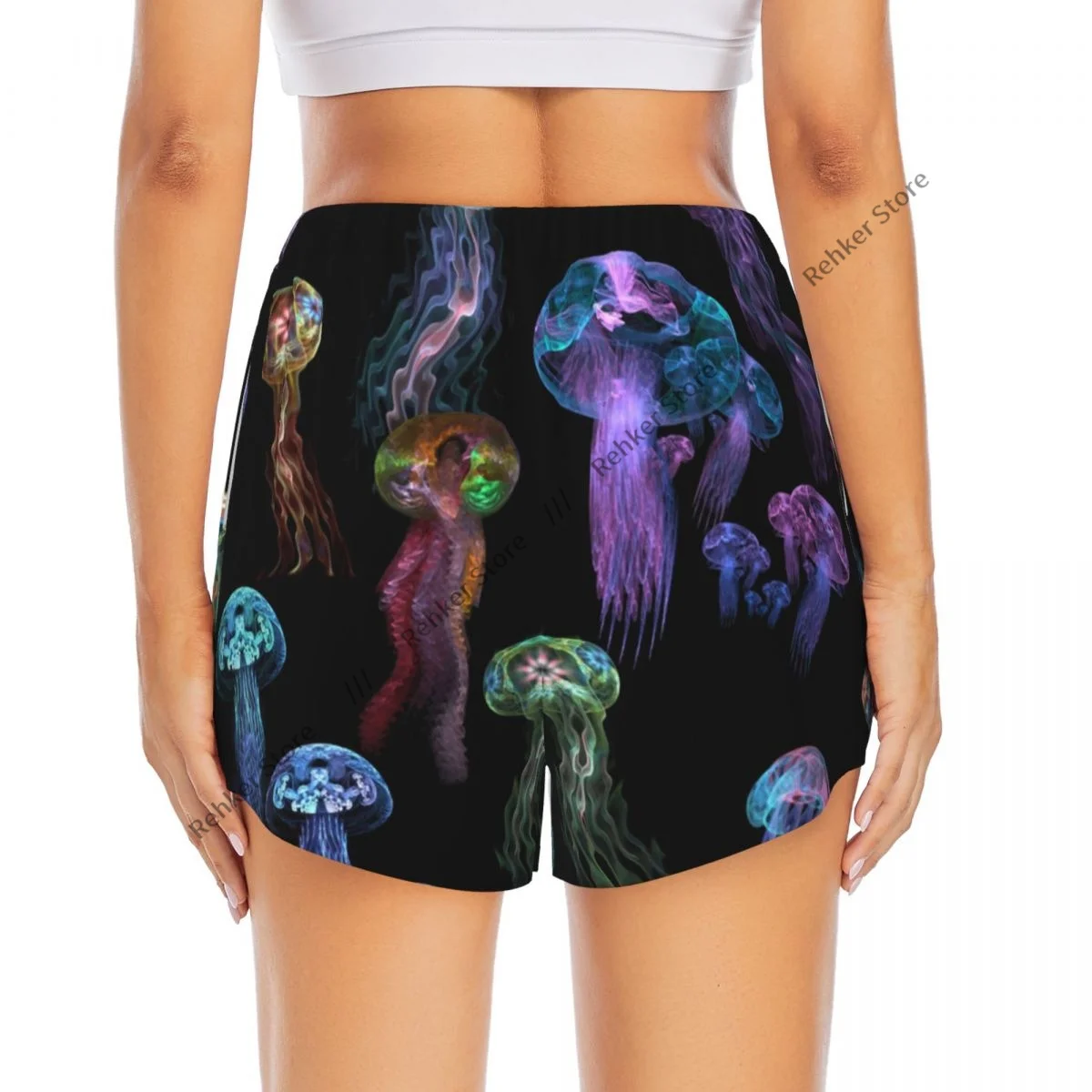 กางเกงกีฬาขาสั้นสตรีแมงกะพรุนสีสันวิ่งโยคะฟิตเนสการฝึกแบดมินตันแห้งเร็วพร้อมกระเป๋า