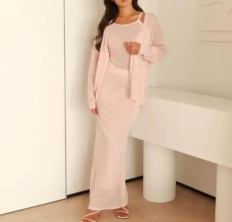 Autumn 2025 Solid Color Long Sleeved Button Up Jacket and Sleeveless Camisole Dress Set for Women's Elegant Slim Fit 2-Piece Set