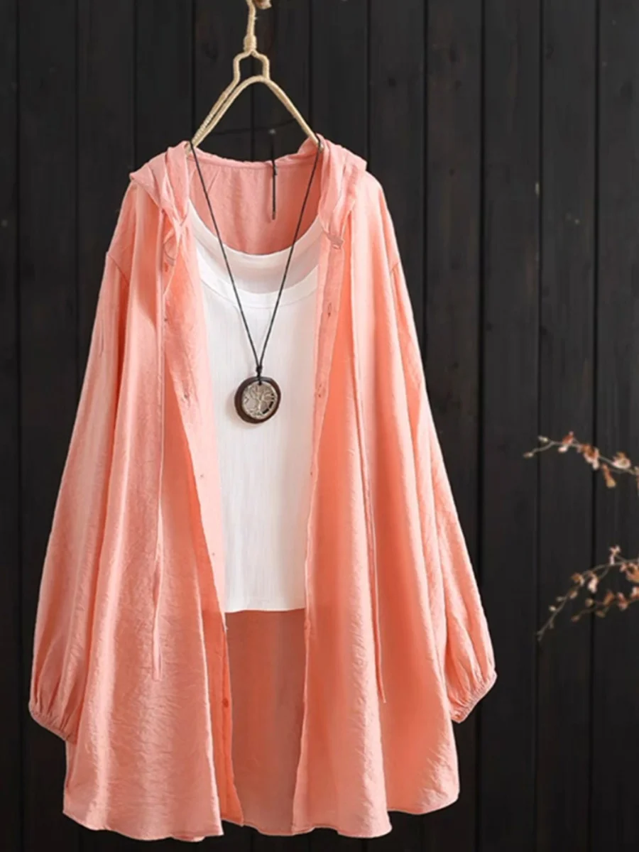 Summer Thin Hat Sun Protection Clothing Women's Mid-Length Long Sve Ice Silk Cotton Linen Open Cardigan Outerwear Top