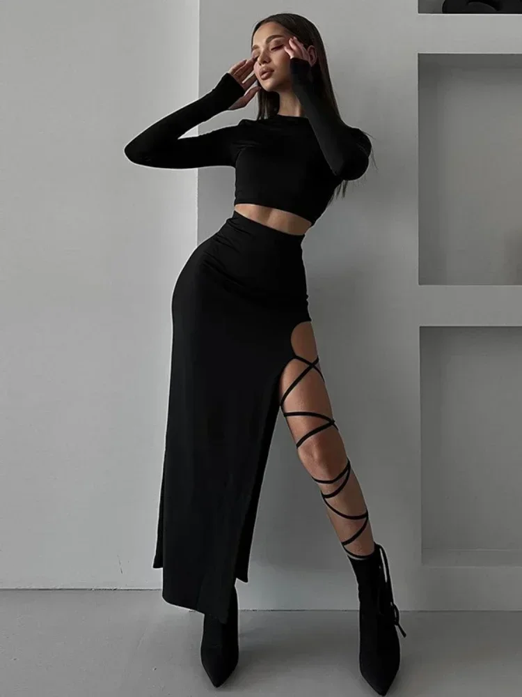 

Lace-Up Two Piece Set Outfits Solid Y2k Clothes Long Sleeve Skirt Sets High Waist Ladies Ensemble De Jupes Conjuntos De Falda