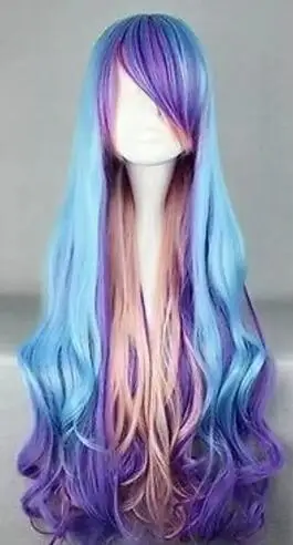 Long Multicolor Blue & Purple Pink Curly Wavy Cosplay Hair Wig