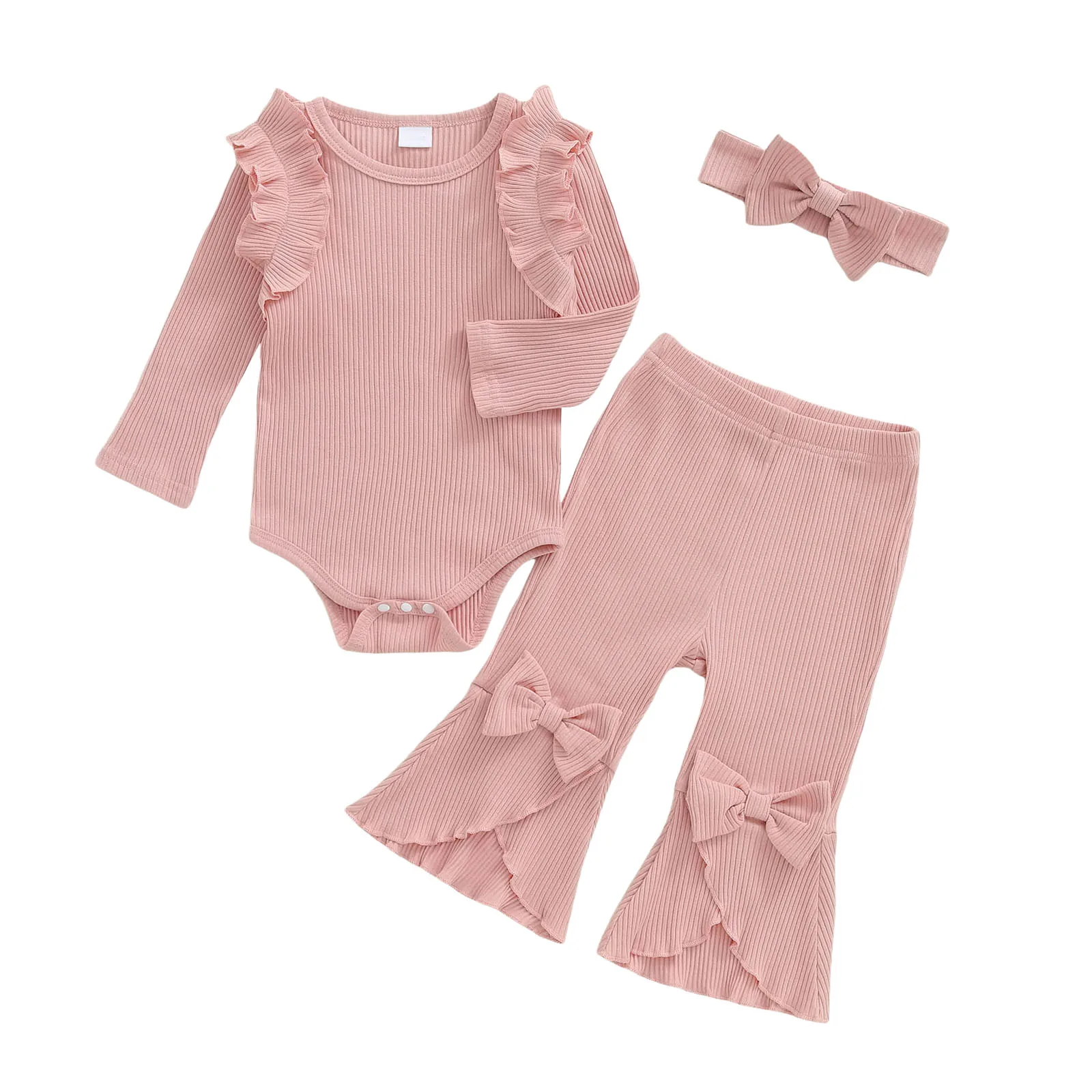 

Kids Bodysuit Set Baby Girls Cotton Comfortable And Breathable Pants Sets Solid Color Long Sleeve Top Sweet Bow Decoration Suits