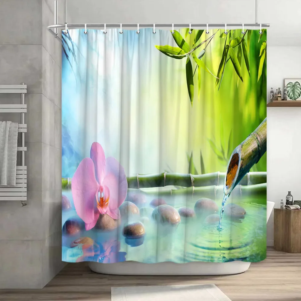 Green Bamboo Zen Stone Shower Curtains Lotus Flowing Water Zen Landscape Shower Curtain Home Bathroom Decoration Set with Hooks