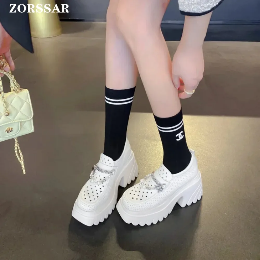 Różowe Żółte Chunky Platform Loafers Heel Cow Leather Slip On Casual Shoes Women Lady Office Shoes Japanese Lolita Black Heels