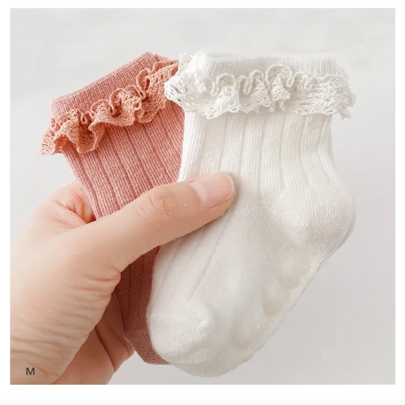 Fashionable Baby Girls Socks Infant Ruffled Socks Non-slip Solid Color Lace Cotton Socks for 0 to 6 Months Little Kids