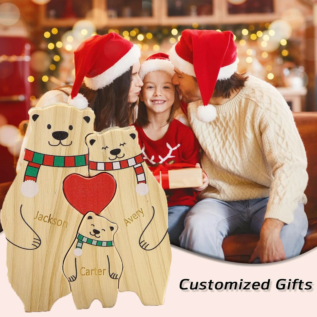 Custom Name Wooden Bear Family Ornaments Personalized Wood Carving Bear Puzzle Christmas Birthday Gift home decor action figure