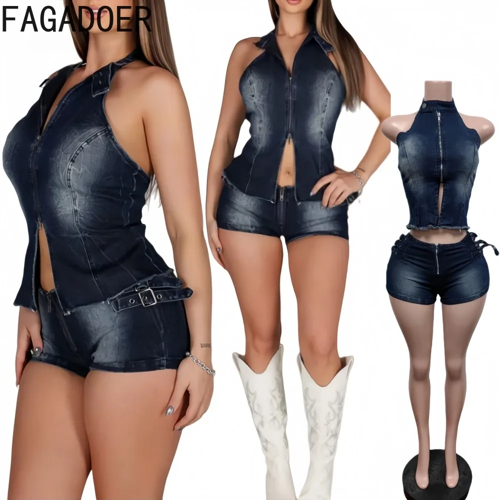 

FAGADOER Spring New Sexy Denim 2 Pieces Set for Woman Halter Sleeveless Backless Crop Top and Shorts Matching Female Streetwear