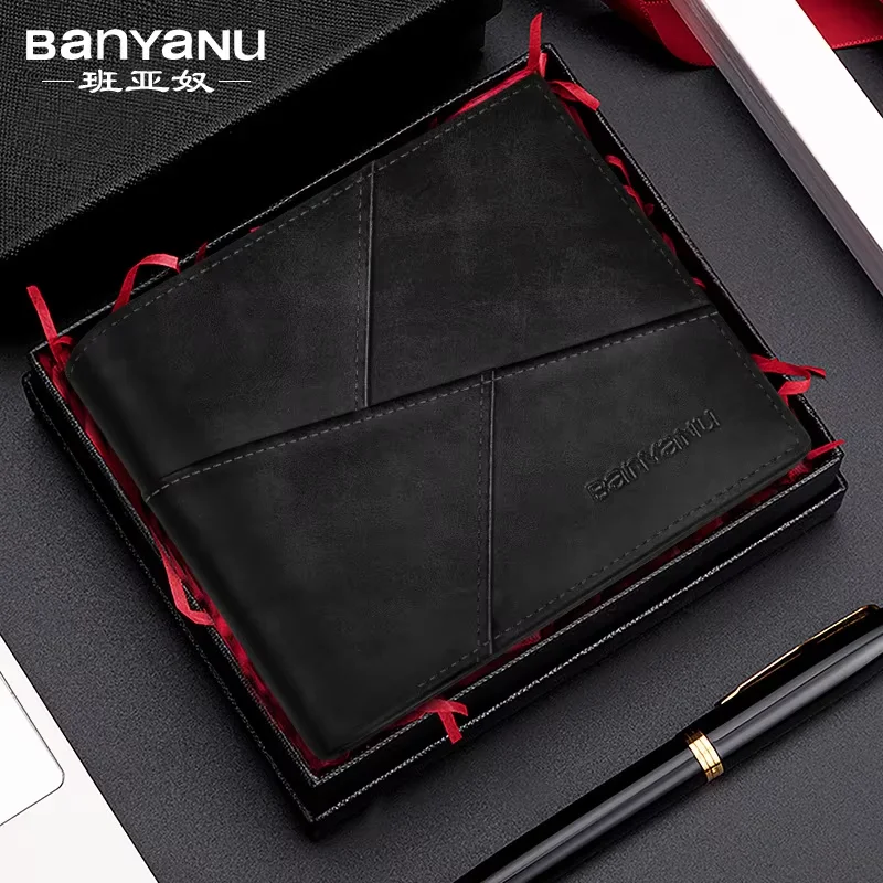 BANYANU 2024 New Men's Wallet Men's Genuine Leather RFID Anti-Theft Brush Retro Top Layer Cowhide Short Wallet Foreign Trade Bag
