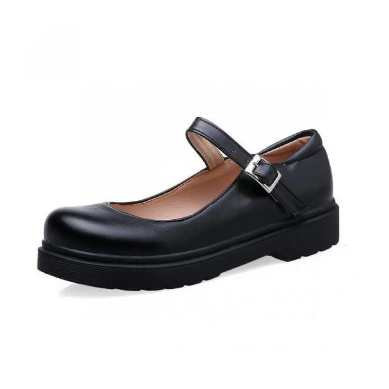 

33-43 Women Flats Shoes Round Head Low Heel Pu Leather Black Shoes For Women