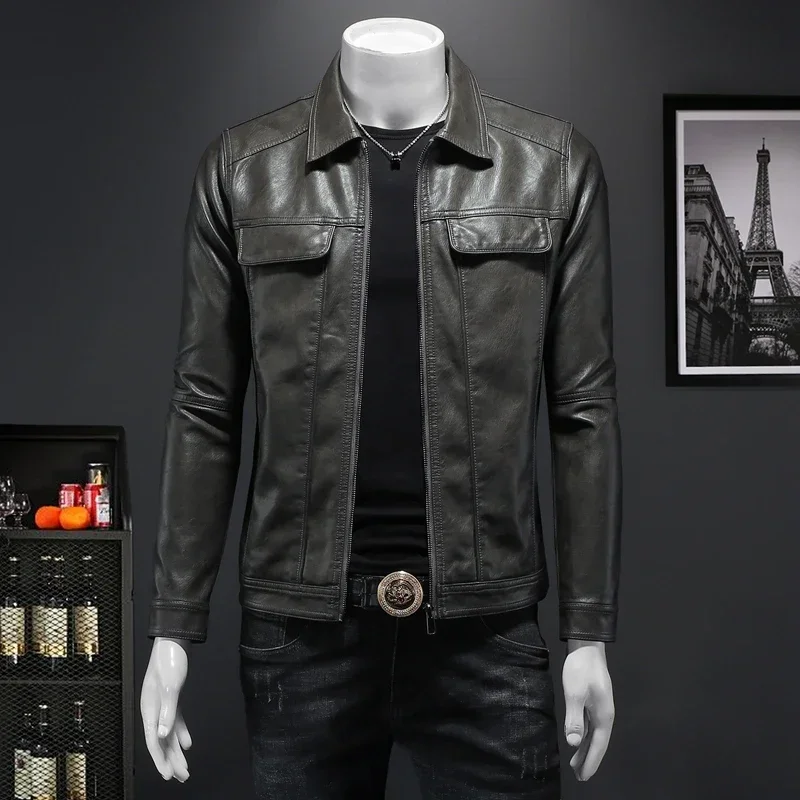 Men's Jacket Spring and Autumn Handsome Solid Color Collar Motorcycle Leather Coat Slim Fashion Leather Jacket Large M-6XL