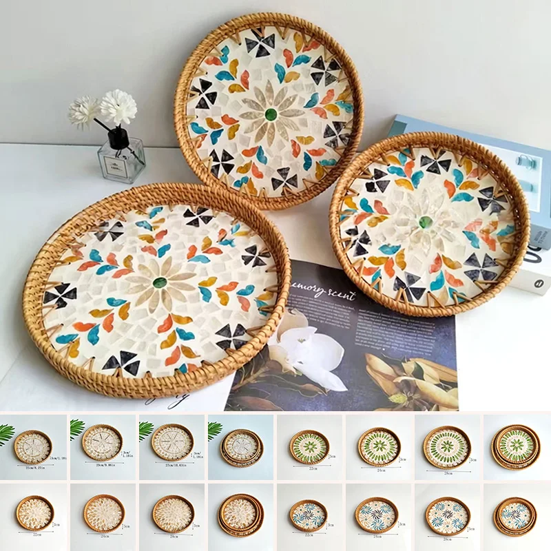Southeast Asian Handmade Rattan Round Serving Tray Colorful Shell Inlaid Storage Fruit Basket for Dining Room Banquet Decoration