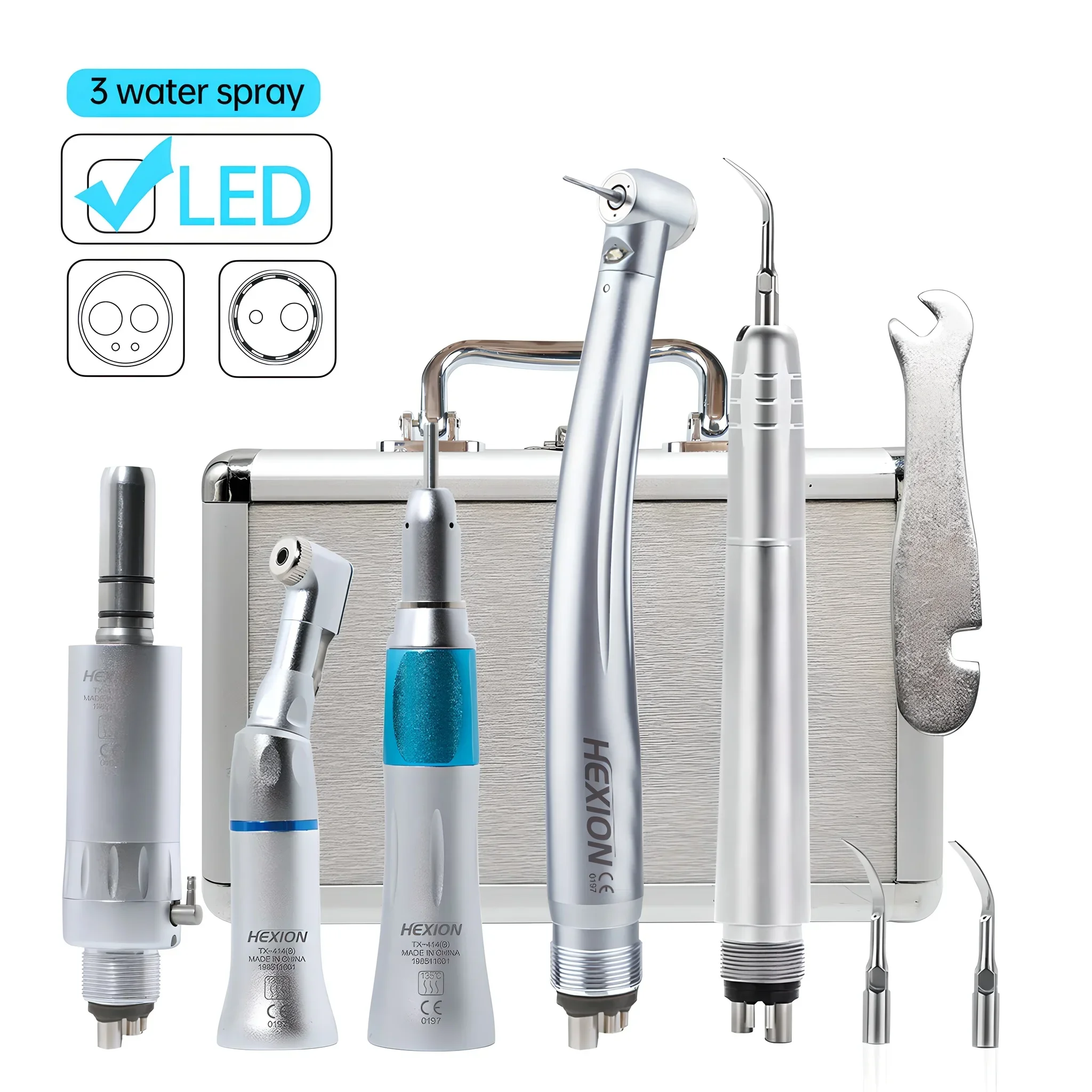 5-teiliges LED-Hochgeschwindigkeits-Dentalhandstück-Set, Dental-Ultraschall-Luft-Niedergeschwindigkeits-Kits + Gratis 15 Bohrer mit Beleuchtung, Druckknopf, 3 Wassersprays
