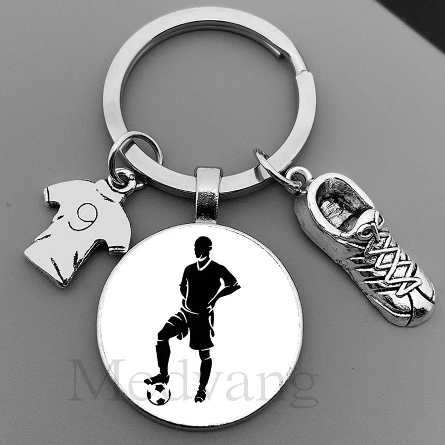 Football keychain boy girl silhouette art football player cabochon glass Keyring I Love football Gift Club Wholesale