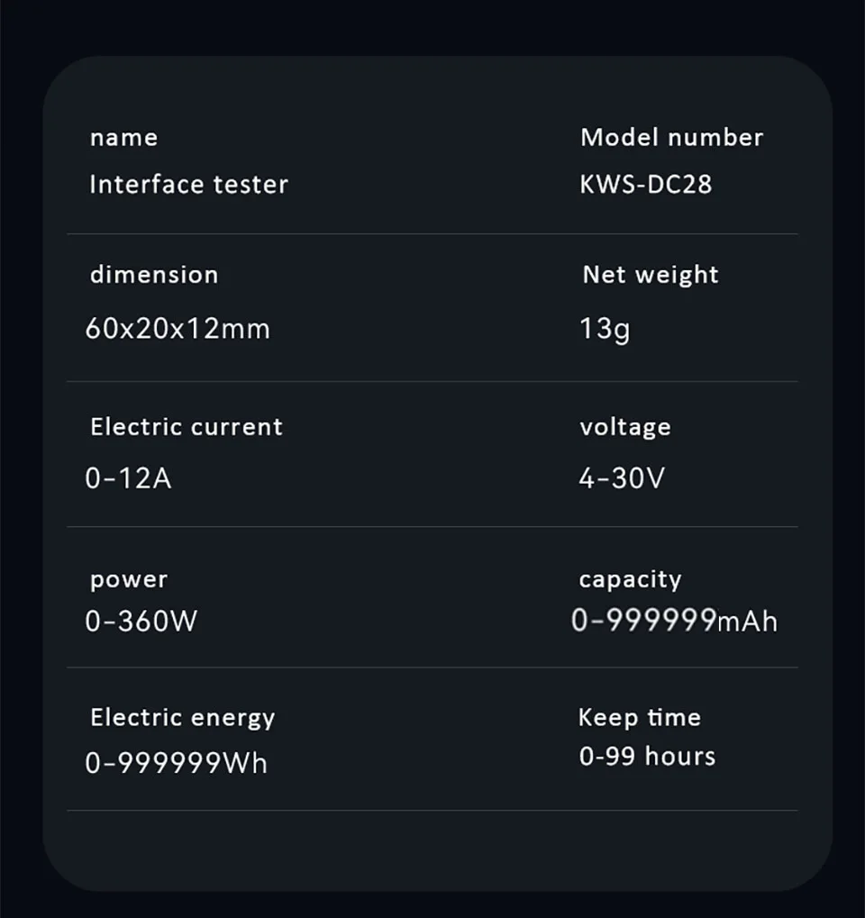 KWS-DC28 Schnittstellentester, 4–30 V, 12 A, Spannung, Stromtester, digitales Voltmeter, Amperemeter, 0,96 Zoll TFT-Farbbildschirm, Leistungsmesser – Detail 12