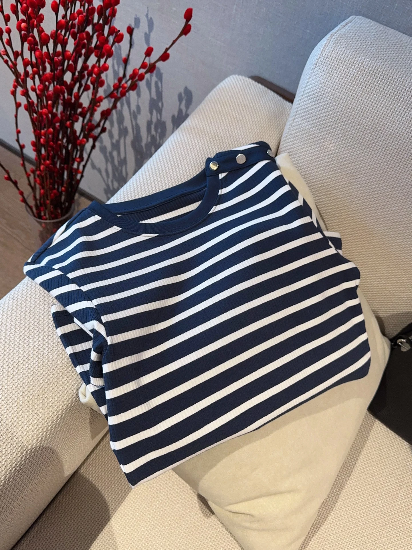 

Summer Casual Striped T-Shirt Women's Slim Fit Short Sleeve Shoulder Button Classic Versatile Comfortable Breathable Cotton Top