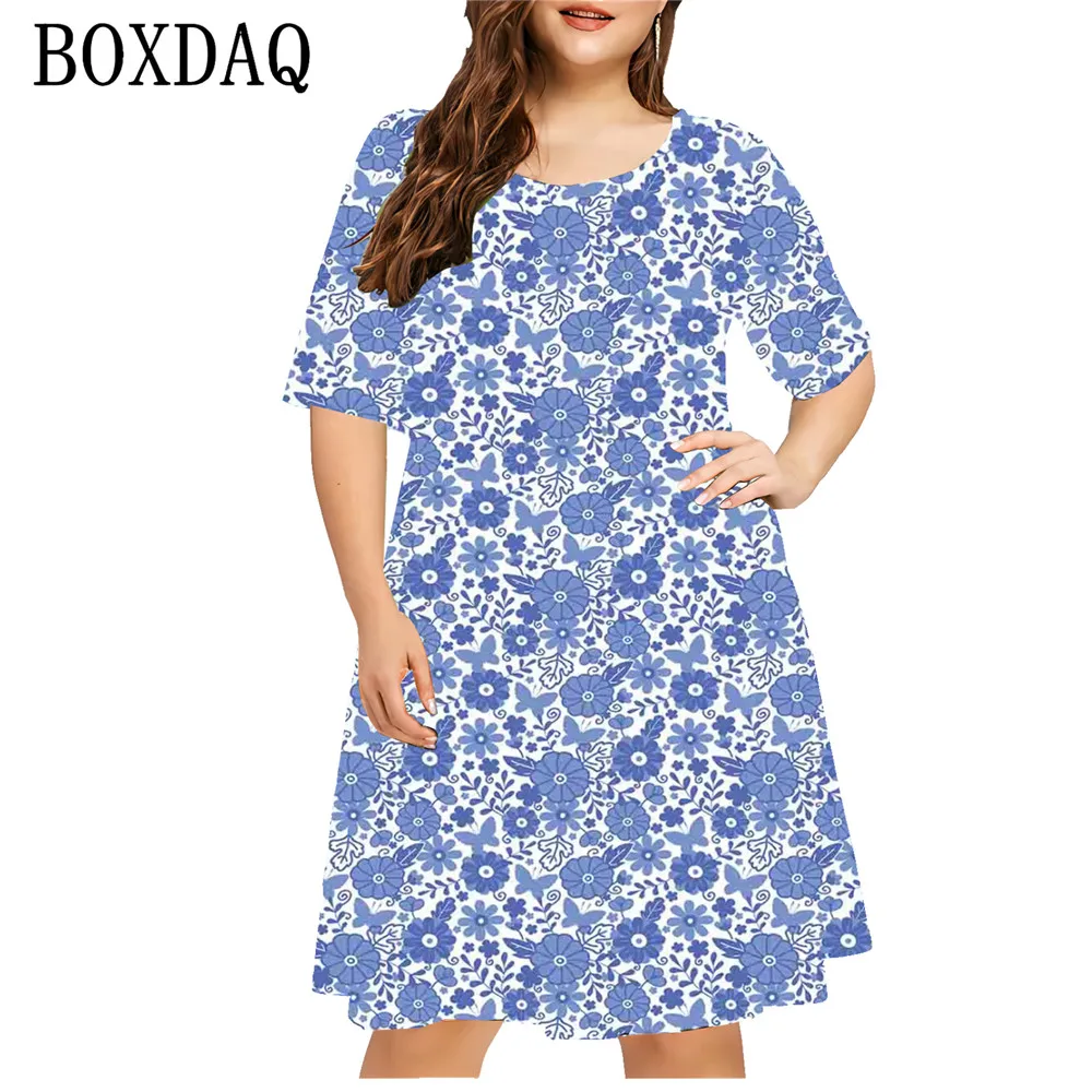 Sundress Loose Vintage Plant Flower Printed Dress Casual Ladies Short Sleeve New Butterfly Print Dress Plus Size Odzież damska