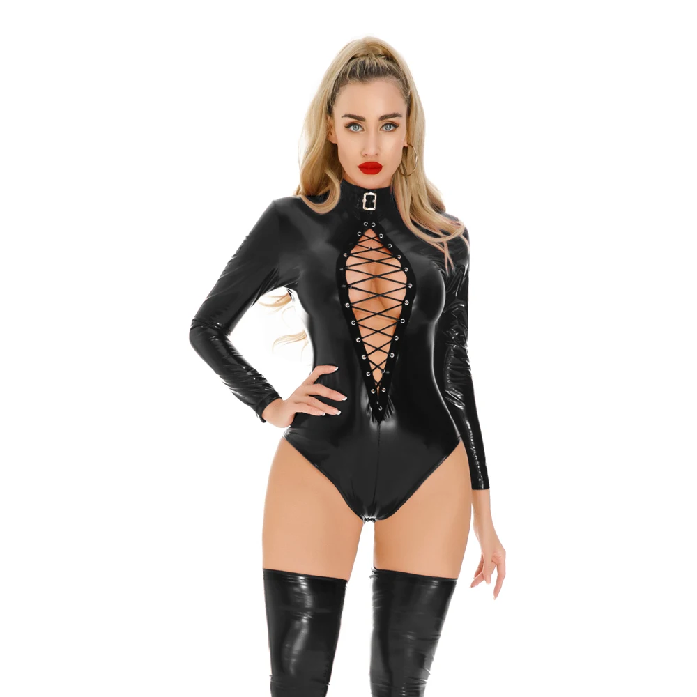 Sexy Women Cosplay Maid High Cut Bodysuit Bandage Hollow Out Tight PU Faux Leather Catsuit Latex Shiny One Pieces Leotard