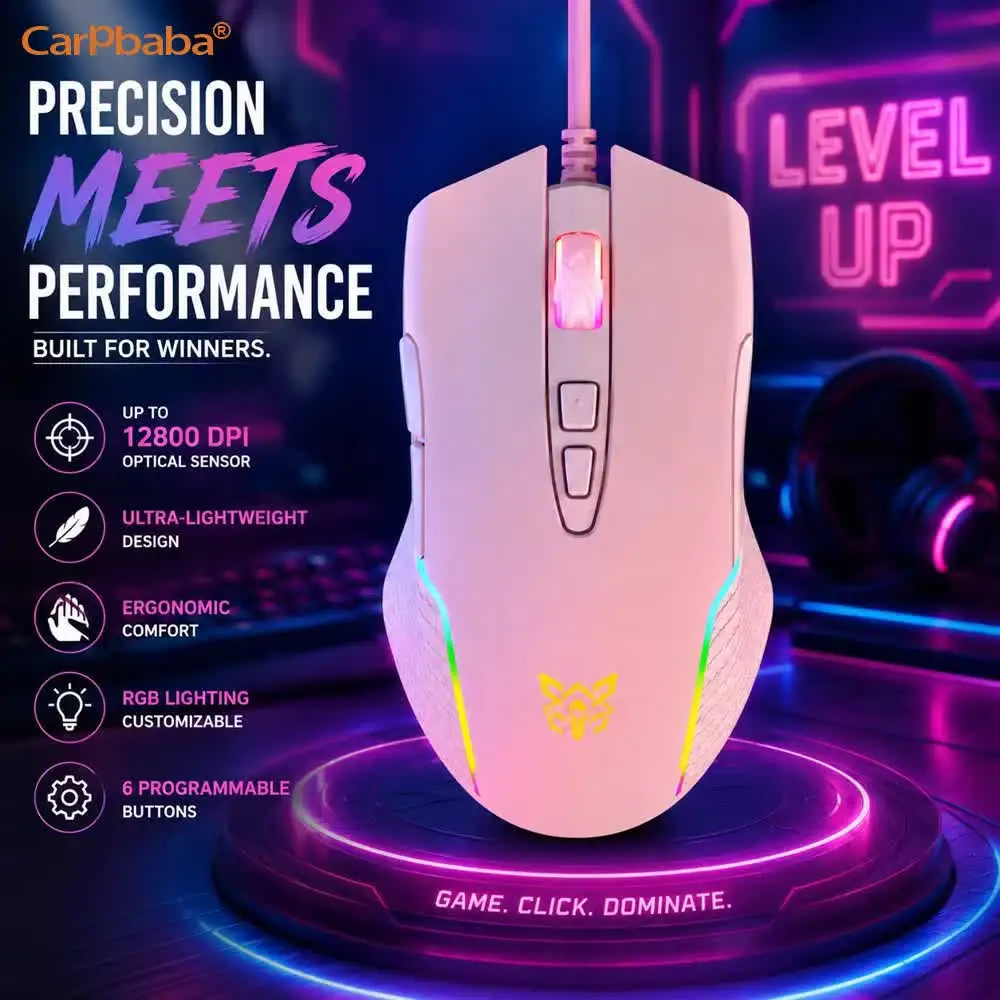 Mysz do gier RGB, różowa, urocza, 6400 DPI, przewodowa, optyczna, z efektownym podświetleniem, idealna do użytku w domu, biurze, na laptopie i komputerze PC. — zdjęcie produktu 2