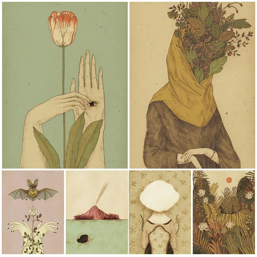 مجردة الحديثة ملصق فني الخفافيش والزهور والفتيات والنباتات الرسم على لوحات القماش الجدارية الديكور لغرفة المعيشة الفن طباعة غير المؤطرة