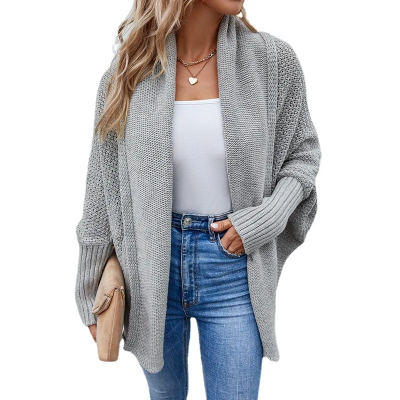 Women Autumn and Winter Fashion New Scarf Collar Cardigan Sweater Solid Color Leisure Versatile Mid-length Batwing Sleeve Coat