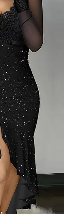 Abito da donna primavera estate lungo scollo a V in pizzo con volant impiombato abito da sera nero a vita alta