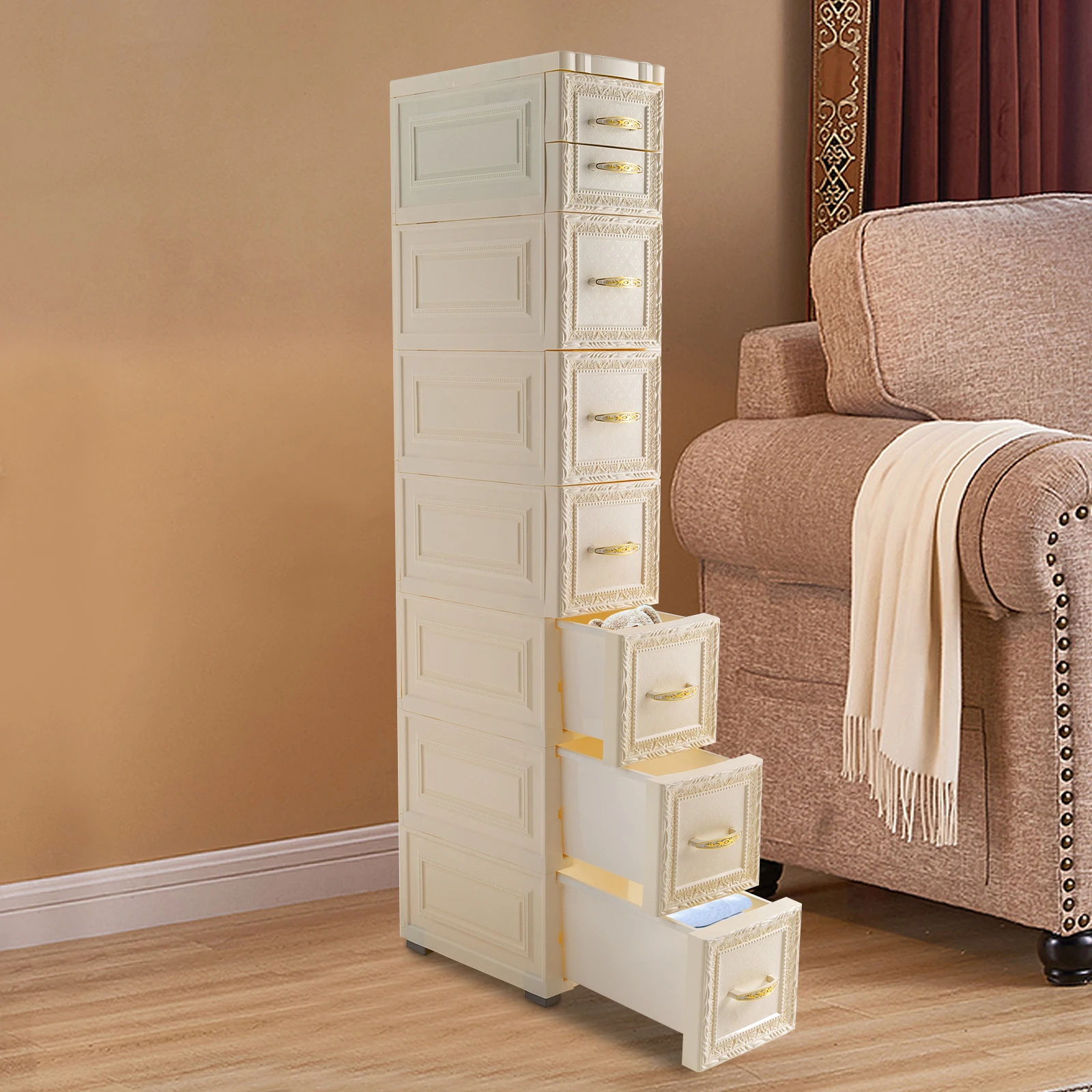 LOYALHEARTDY 32*18*116cm Seven-layer Storage Cabinet Storage Box Home Retro Style Milk White Plastic Storage Box