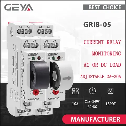 GEYA GRI8-05 AC or DC Current Monitoring Relay Straight-Through 2A-20A AC24V-240V Over-Current Under-Current Protection
