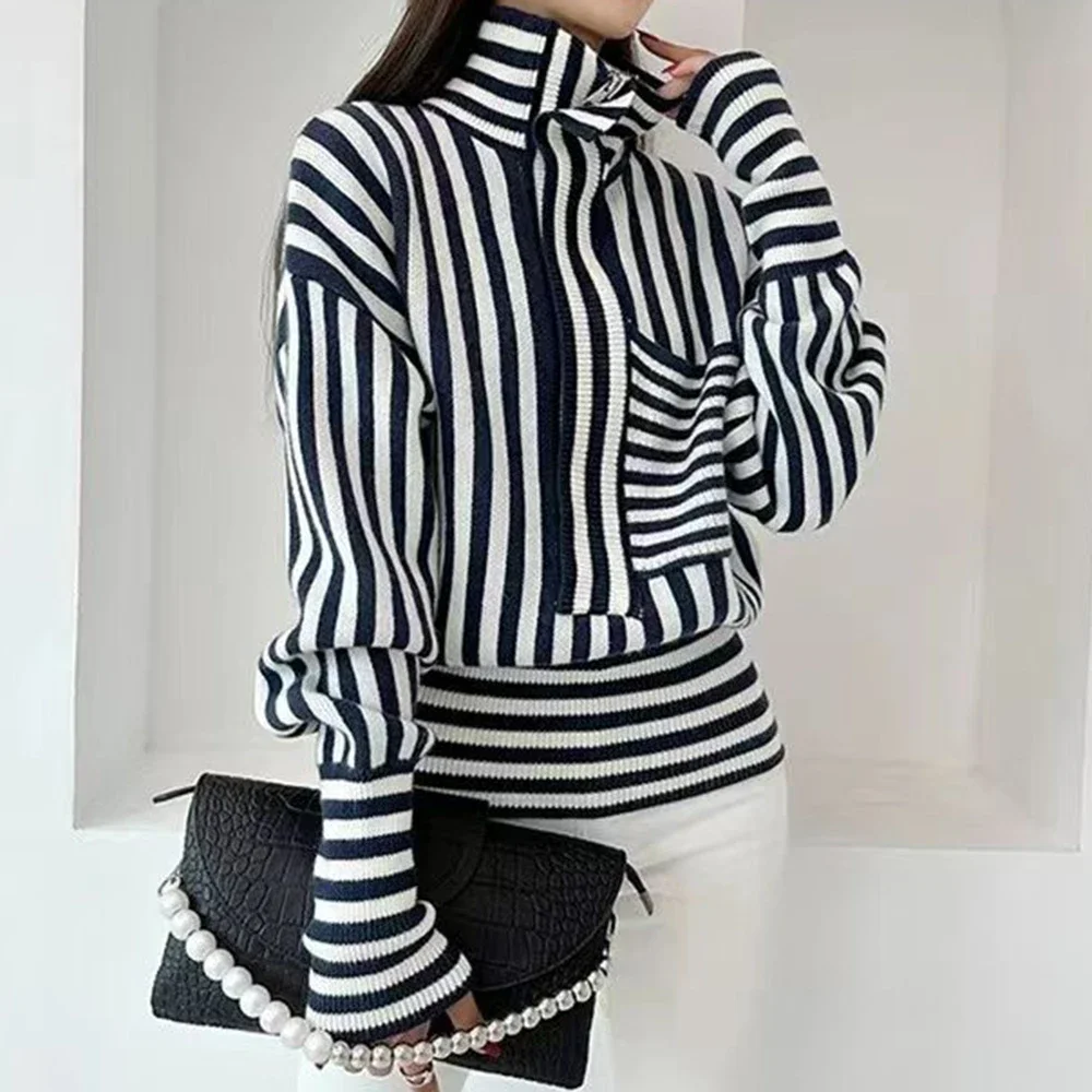 2024 Autumn/Winter New Striped Knitted Sweater  Loose, High Collar, Retro, Casual,  Soft Sticky Sweater Design