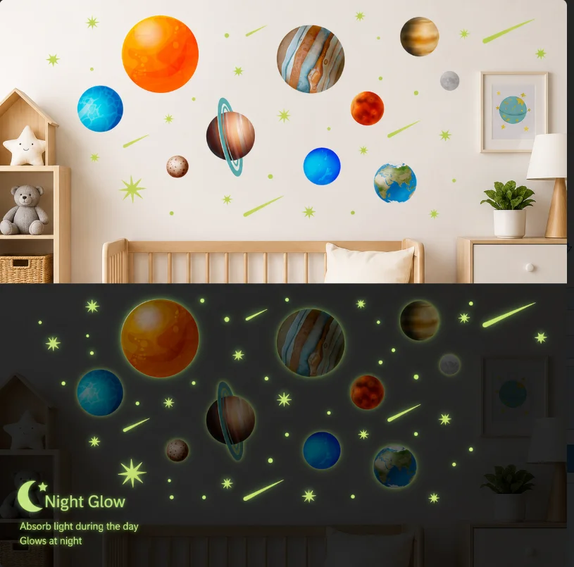 Night Glow Wall Stickers Featuring Nine Planets, Depicting the Cosmic Universe with Glowing Fluorescent Decorations for Bedroom
