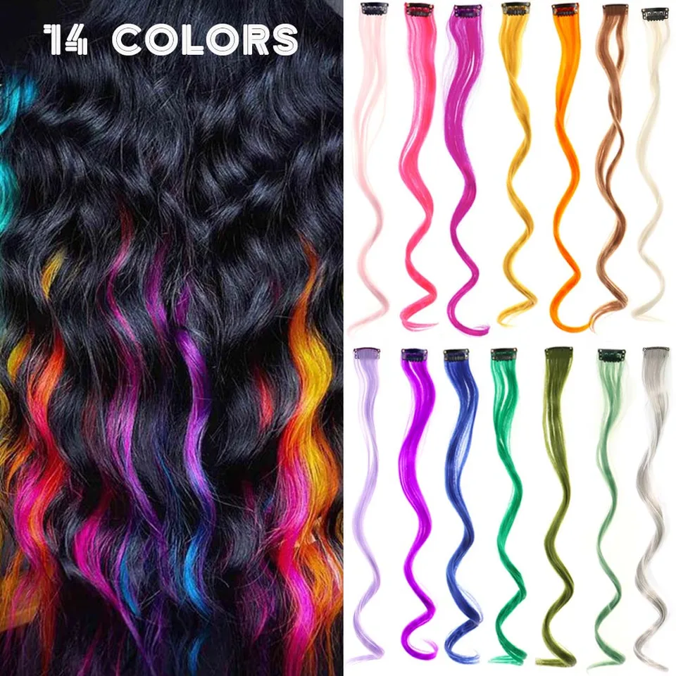 Set de 5 piezas de extensiones de cabello con clip de 18 pulgadas, rizadas, sintéticas, con mechones de colores para mujer 4