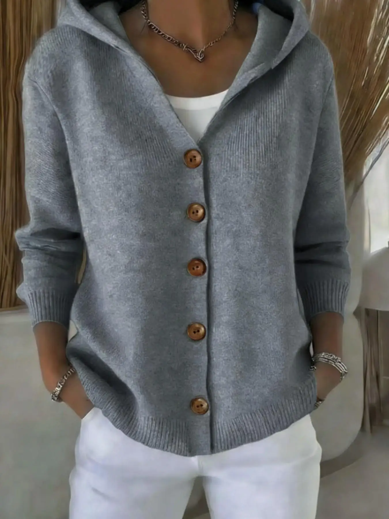 Picture 3: plus Size Women's Hooded V-Neck Knit Cardigan Long Sleeve Button Front Solid Casual Outerwear Knitted Comfortable Fit Cardigan