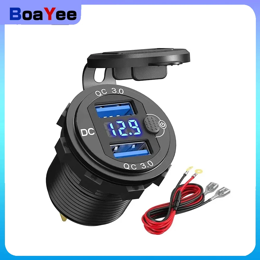 

Quick Charger Aluminum QC3.0 Dual USB car charger fast charging with Switch Button LED Voltage Display for 12V/24V Cars Boats
