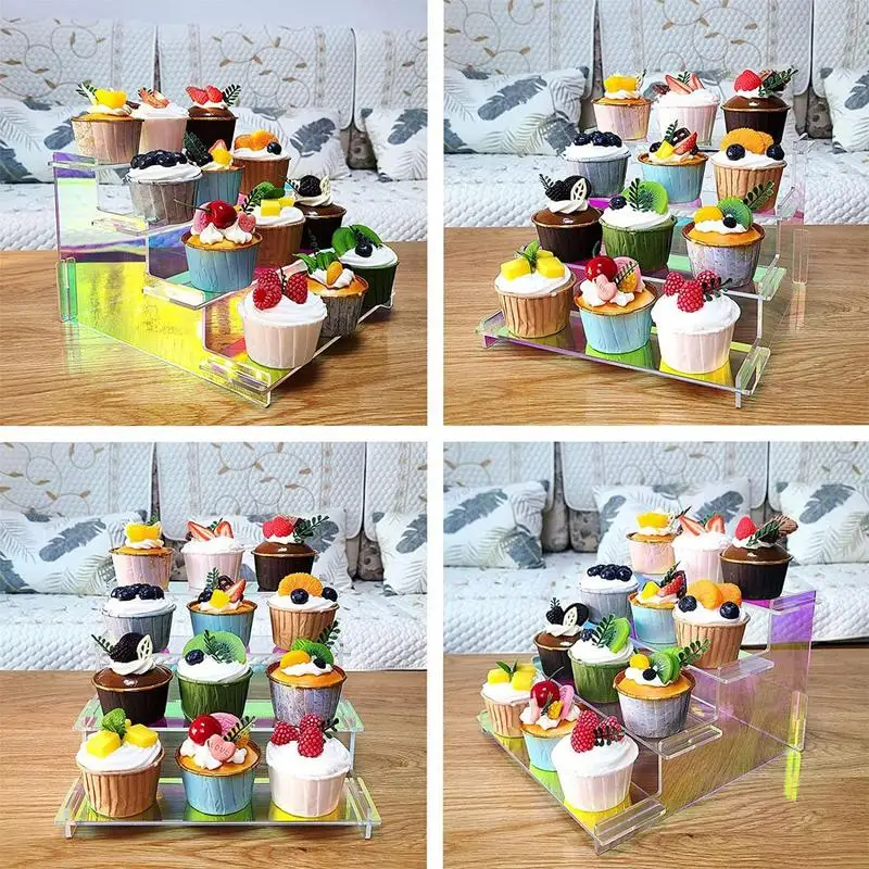 Iridescent Acrylic Display Risers Rainbow Risers Acrylic Stands 4 Tiered Rectangle Tabletop Rainbow Shelf Showcase For Jewelry