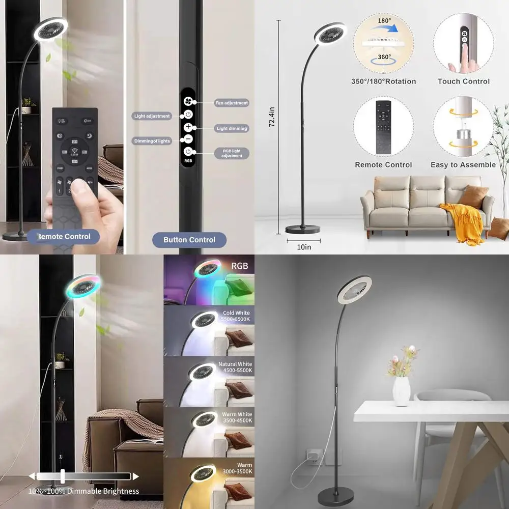 

Регулируемый 3-скоростной напольный вентилятор, RGB-светильник 18 Вт 1500 лм, настольная лампа с гибким штативом и диммером 3000K-6000K