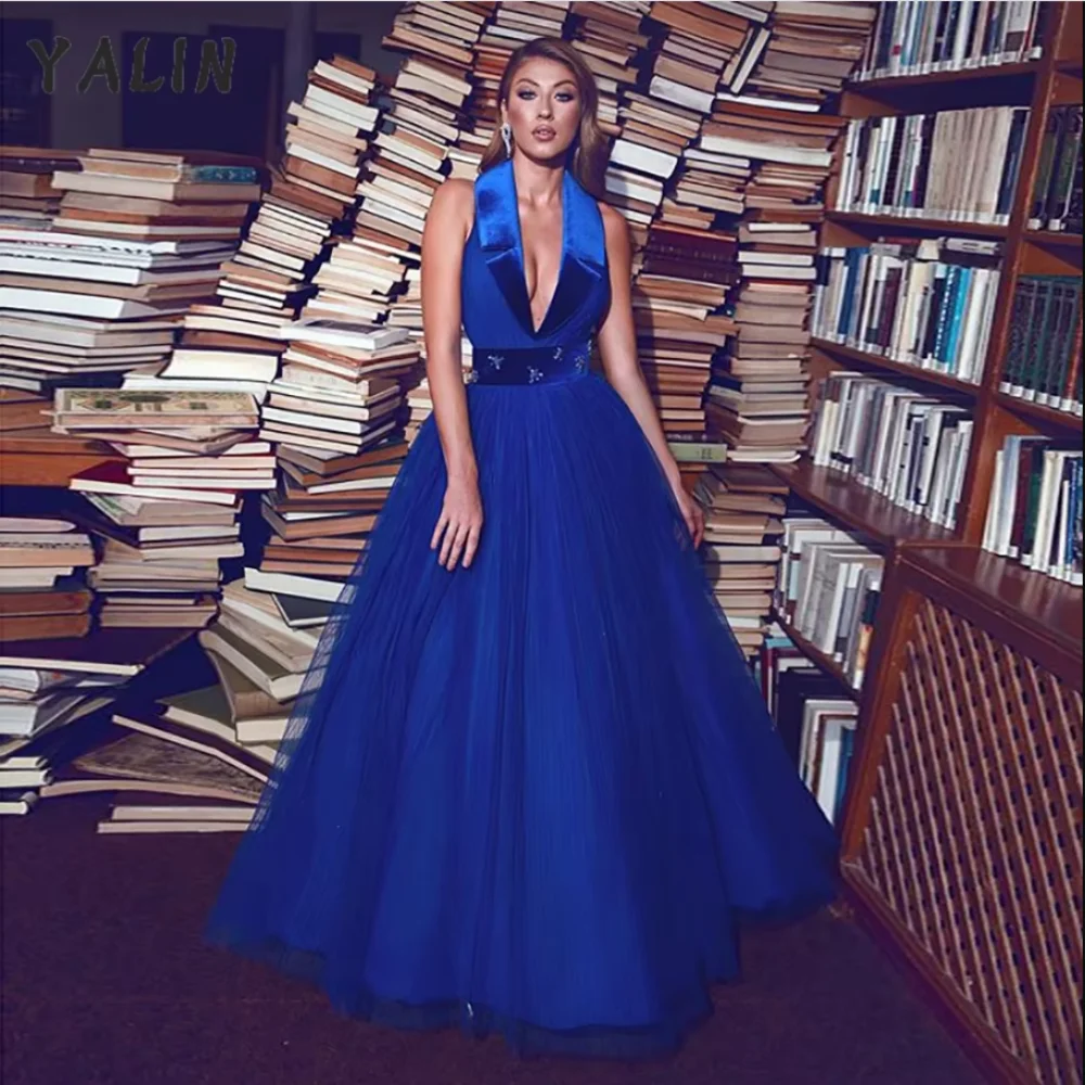

Customized Sexy Deep V Neck Evening Dresses Royal Blue A Line Special Occasion Dress Sleeveless Pageant Gown Robe De Soiree