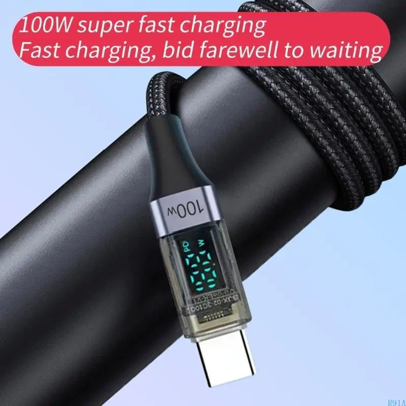 R91A USB C TO USB C 100W carregamento rápido 480Mbps Cord com exibição energia digital para laptops,
