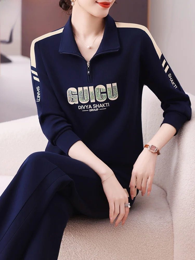 

Spring Running Outfit Large Size Long Sve Hoodie Two Piece Set for Middle-Aged Women Faionable Loose Fit Polyester Blend