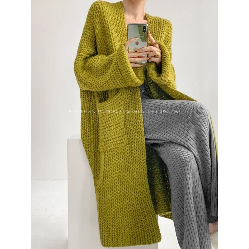 

Korean Long Woman Fluffy Cardigan Long Sleeved Loose Sweet Sweater Coat Autumn Comfortable Female Woolen Knitted Midi-Clothing