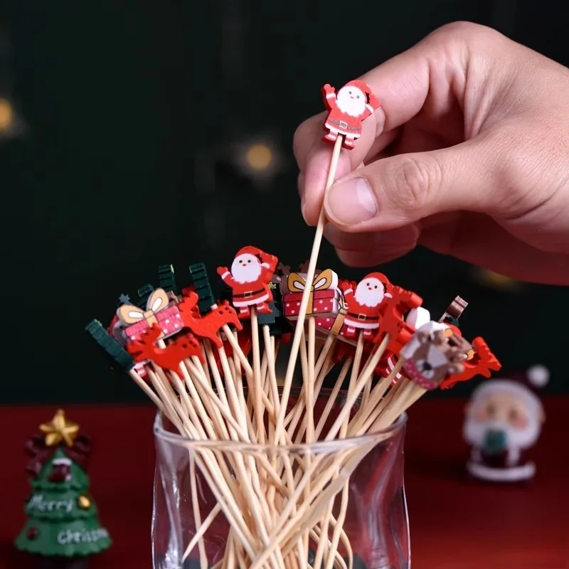 50/100 Stück festliche Weihnachts-Obstspieße mit Weihnachtsmann-, Schneeflocken- und Baumdesigns – Einweg-Bambusspieße für Partys, Desser – Detail 3