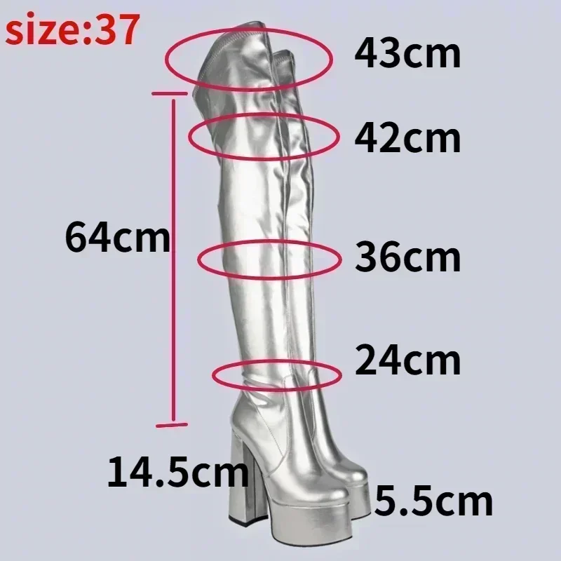 2024 winter New Fashion Silver Platform Chunky Heel Round Toe Nightclub Stage Over The Knee Boots for Women Big Size Shoes 43 45