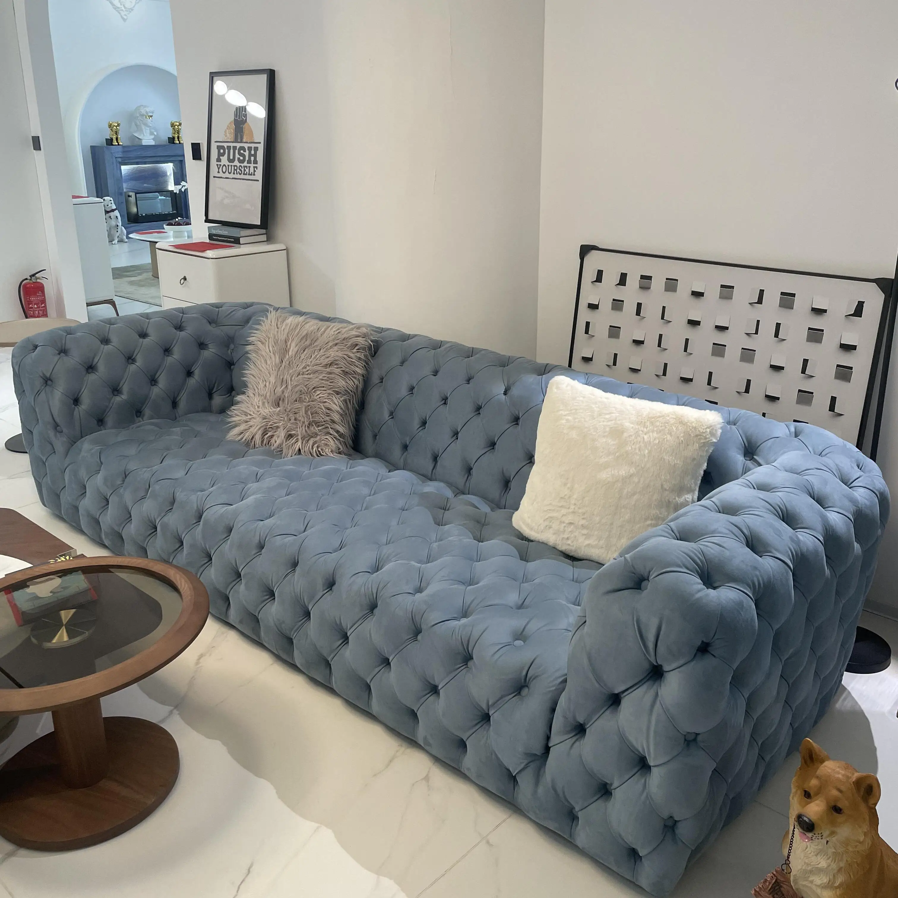 

American Light Luxury Buckle Fabric Sofa Small Apartment Living Room Moon Surface Italian Straight Row Three-person Fabric Sofa