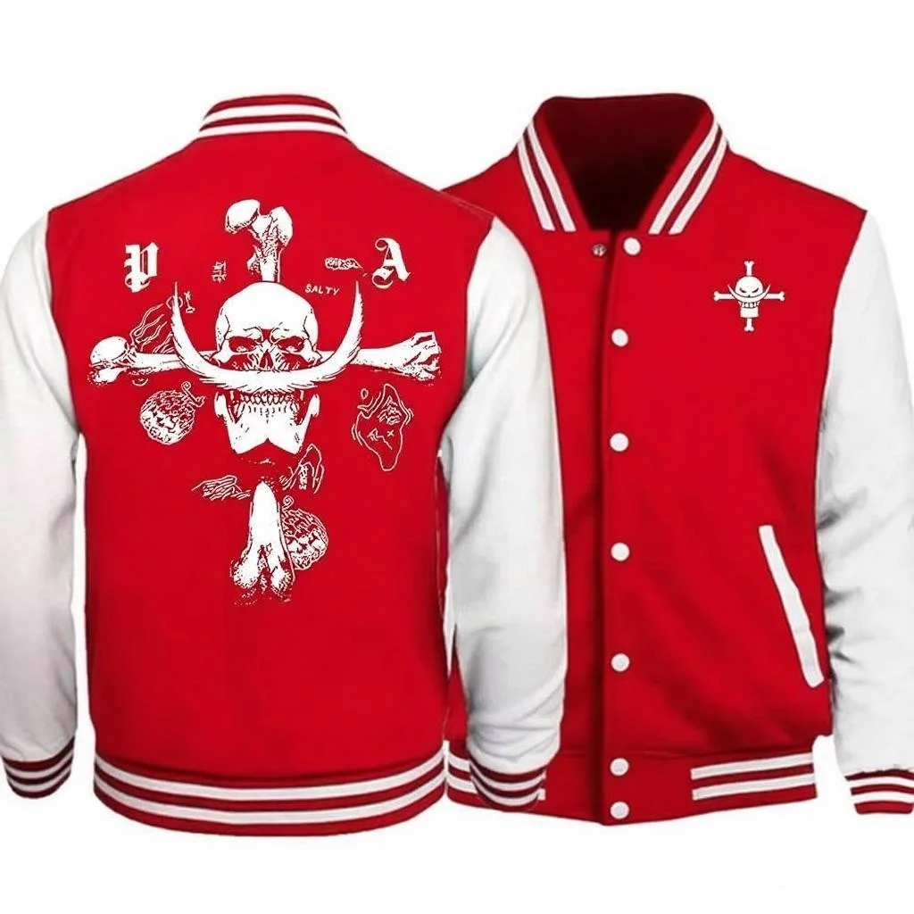 

Красно-белая бейсбольная куртка с морскими эмблемами с принтом пиратского черепа на спине и винтажным текстовым дизайном верхней одежды унисекс