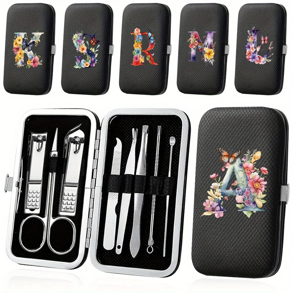 

8pcs Nail Clipper Set Personal Fingernail Nursing Tool Multifunctional Manicure Beauty Organizer Case Butterfly Letter Pattern