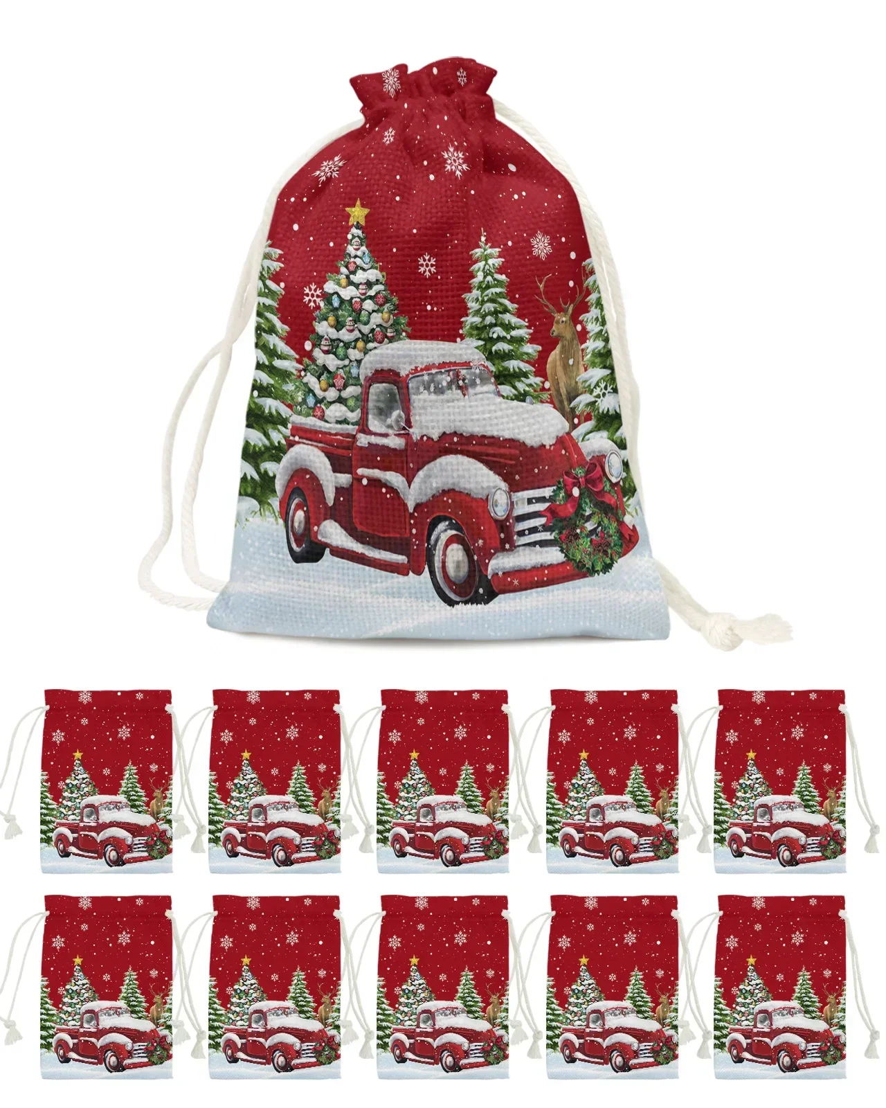 Christmas Winter Truck Snowflake Candy Bags Santa Gift Bag Home Party Decorations Xmas Linen Gift Bags Packing Supplies