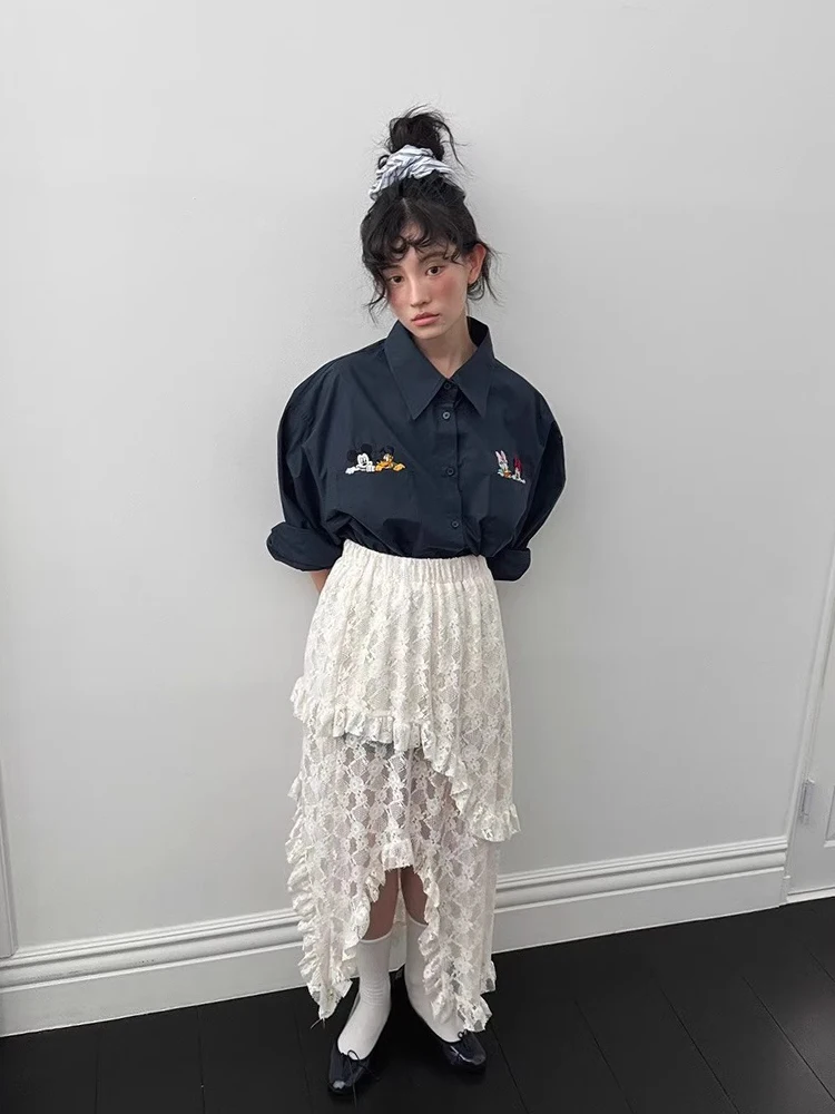 

Gagarich Korean Chic Autumn New Retro Western Embroidered Hook Flower High Waist Slimming Irregular Lace Half Long Skirt