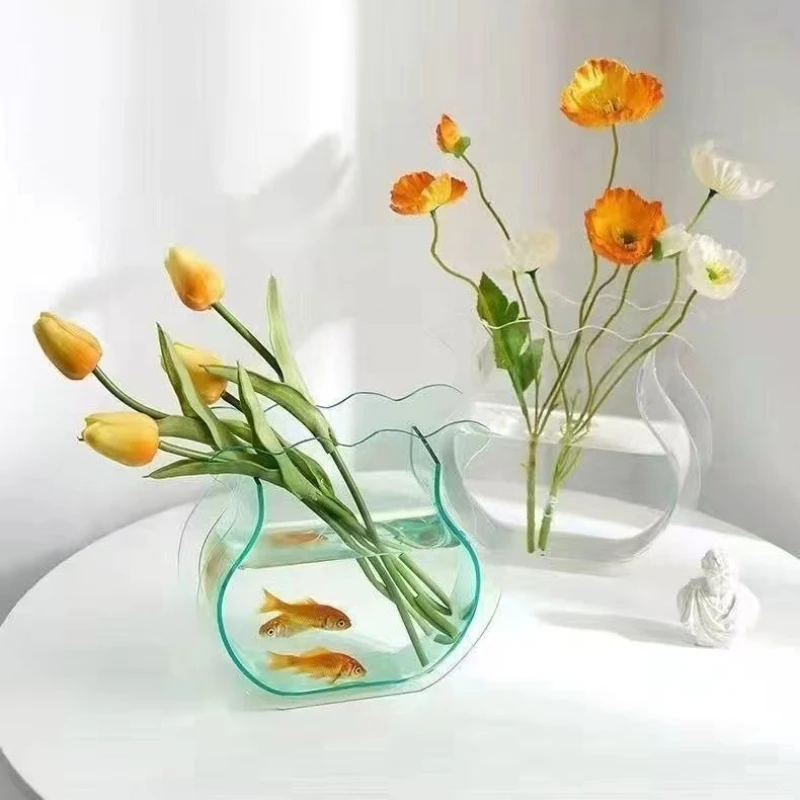 

Home Decor Unique Tail-Shaped Acrylic Fish Bowl for Betta & Goldfish, Transparent Desktop Aquarium, Home Office Decor Vase